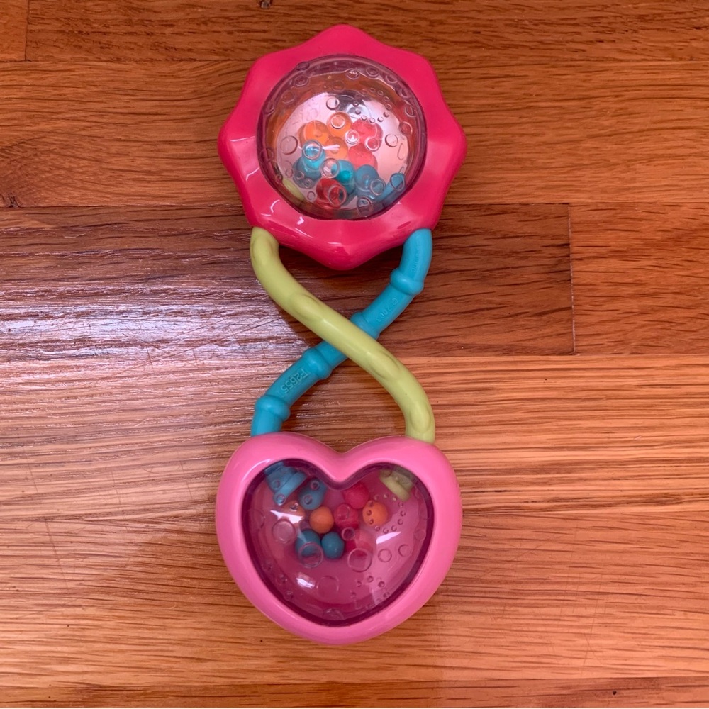 Bright Starts Baby Rattle Pink Green Teal w/ Heart Shape Colorful Rattle Balls